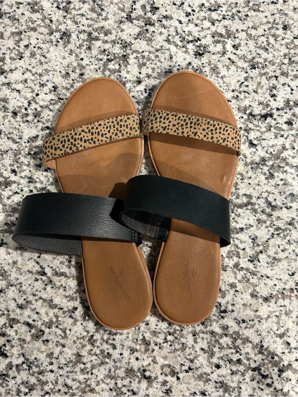 Women’s Two-Band Slide Sandals in Black and leopard